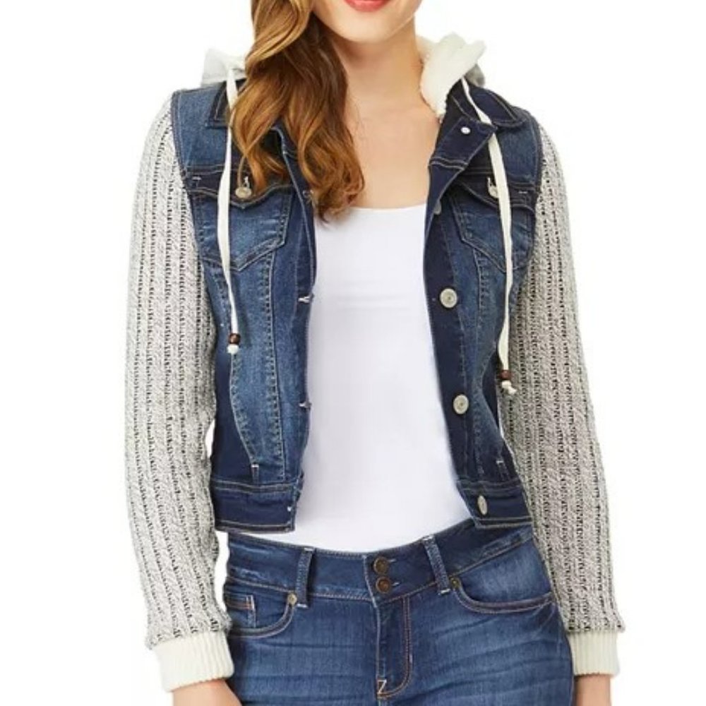 Juniors' WallFlower Knit Sleeve Hooded Denim Jacket